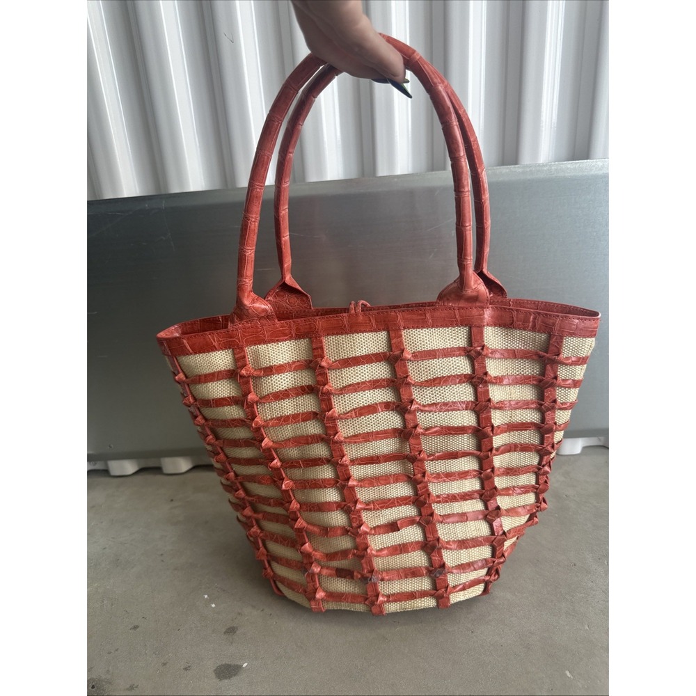 RARE Nancy Gonzalez Coral Red CROCODILE Woven Shoulder Bag Purse - Picture 3 of 8